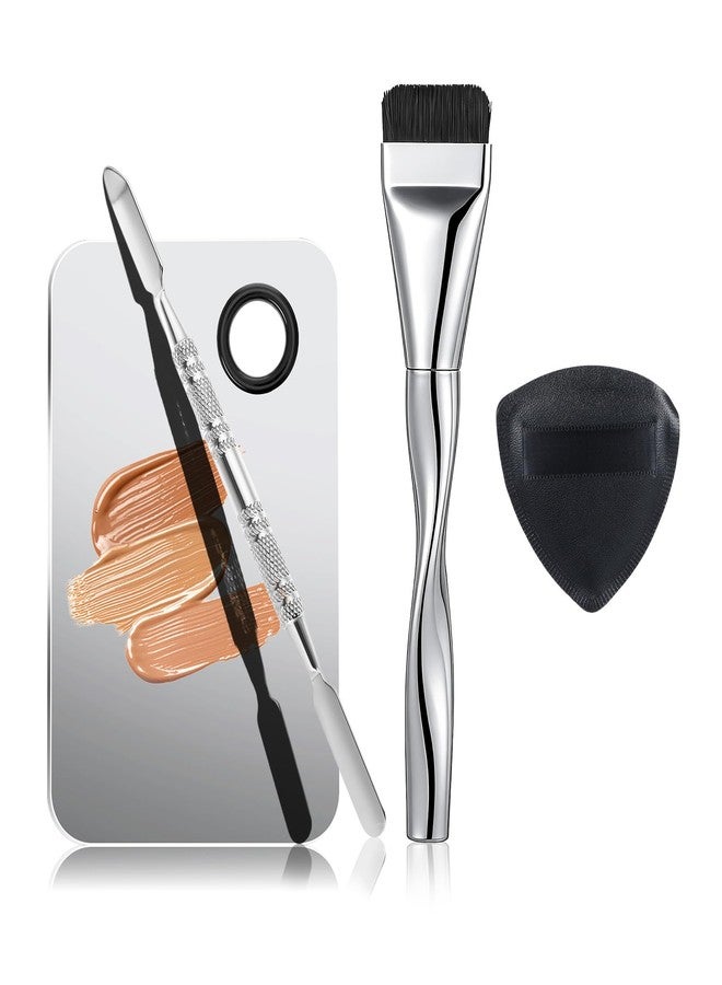 Matwsec 4 Pcs Makeup Spatula Tool Kit, Including Makeup Mixing Palette Flat Foundation Brush Dual-Head Make Up Spatula Triangle Powder Puffs for Women Girl Facial Cosmetic, Nail Art, Pigment Blending - Image 1